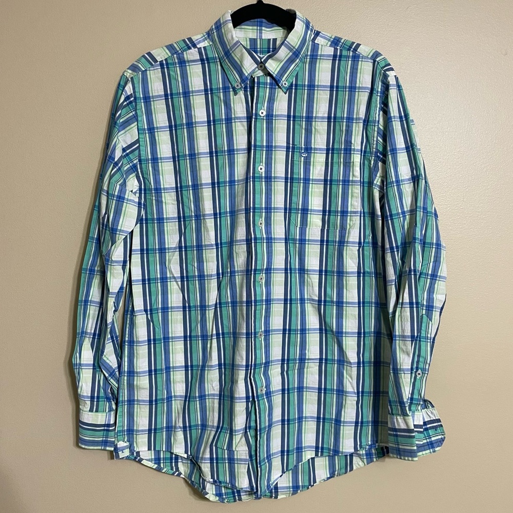 Southern Tide Button‎ Down Shirt Casual Men's plaid blue green size medium